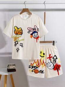 SHEIN 2件組兒童/青少年男孩塗鴉字母印花圓領寬鬆針織短褲套裝，米色夏季街頭風城市度假休閒百搭舒適穿搭 - 杏色 - 查看 4