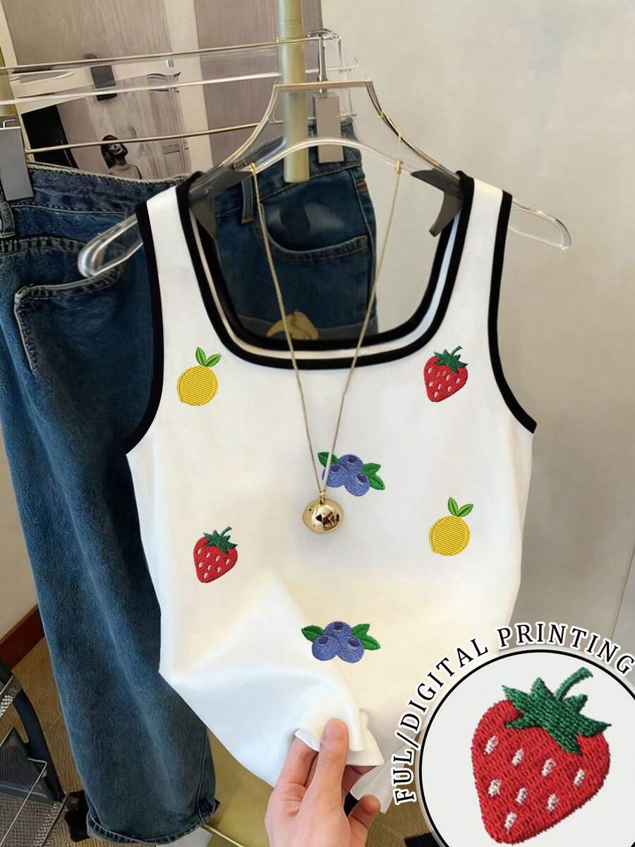 Resyla Maiou casual pentru femei, croială regulată, cu broderie de căpșuni și lămâie, cu guler rotund - Multicolor - Vizualizare 1