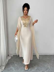 Elenzga Đầm nữ dáng chuẩn thanh lịch với cổ áo hoa và thiết kế thắt nơ sau lưng. - Màu be - Xem 5