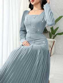 Modelyn 女士水钻装饰褶皱优雅长袖连衣裙 - 藍色 - 查看 4