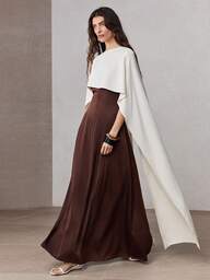 ZEYLAH Contrast Color Long Fitted Shawl Collar Dress, Spring