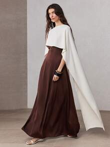 ZEYLAH Contrast Color Long Fitted Shawl Collar Dress, Spring - Mocha Brown - View 7