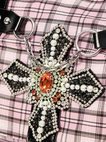 ROMWE Grunge Punk 粉色格子十字钻石手提包 - 淺粉色 - 查看 3