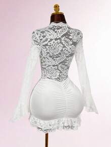 Amplova Christmas Vibe Deep V Waist Cinched Bodycon Mini Dress - White - View 7