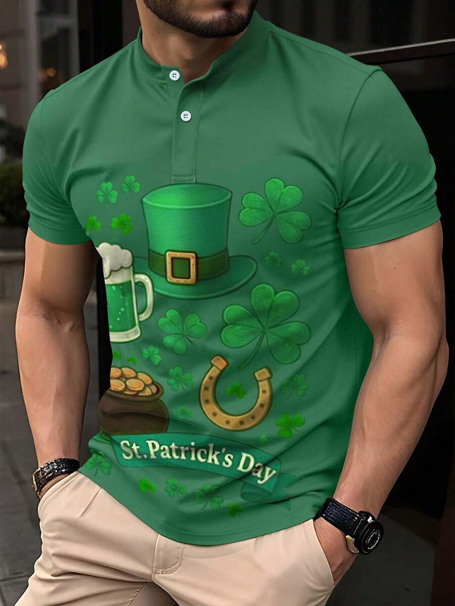 Manfinity Homme Men's Casual Everyday Commute St. Patrick's Day Clover Print Short Sleeve Polo Shirt, Summer - Multicolor - View 1