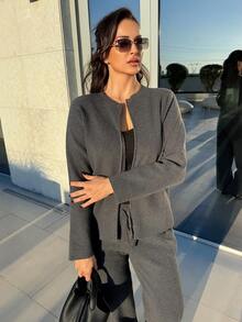 MDEdit 休闲时尚百搭舒适宽松长袖女式开衫两件套家居服套装 女士家居服套装 舒适家居服套装 粉色家居服套装 针织家居服套装 秋冬 - 深灰色 - 查看 6