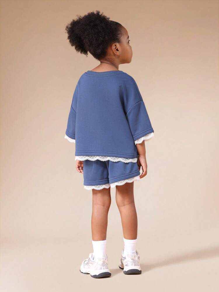 Lace Trim Sweatshirt And Shorts Set With Bow Print