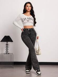 SHEIN Tall Quần jeans ống loe cạp cao có túi, kiểu dáng thường ngày, đa năng dành cho nữ, mùa xuân/hè. - màu đen - Xem 6