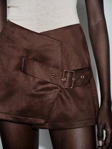 Lumivelle Brown Plain Straight Short Skirt For Women Casual Style Woven Fabric Brown Dress Elegant Skirt Spring/Summer Outfits - Brown - View 4
