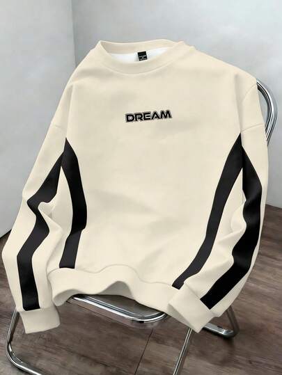 Manfinity Joysei Herrtröja med rund hals, casual, vardag, pendling, mode, gata, bokstavstryck, kontrastfärg, nedsänkt axel, lös passform, vår/höst