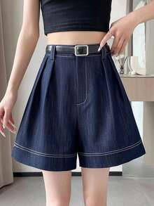 INAWLY 女士时尚休闲高腰A字阔腿百慕大短裤 - 藍色 - 查看 3