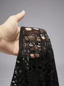 ROMWE Áo cỡ lớn gợi cảm màu đen rách họa tiết hoa phối lưới, vạt bất đối xứng, phong cách Punk Goth. - màu đen - Xem 6