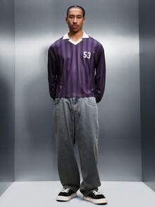 PLAYBOY X SUMWON Boxy Fit Football Long Sleeve Striped T-Shirt With Bunny Logo Print Back Design Casual Crew Neck Top - Purple - View 3