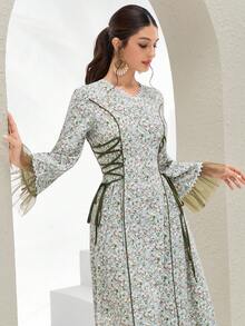 Al Najma 女士碎花腰带喇叭袖优雅阿拉伯风格连衣裙 - 綠色 - 查看 5