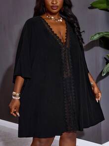 SHEIN CURVE+ Curve 尺码 US22 音乐节、海滨度假、波西米亚风女士度假纯色撞色蕾丝蝙蝠袖连衣裙 - 黑色 - 查看 5