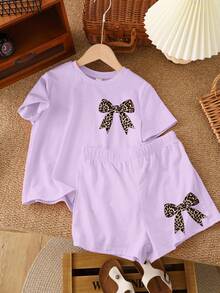 复古蝴蝶结豹纹印花，少女休闲简约短袖上衣短裤两件套，适合夏季穿着 - 淡紫色 - 查看 2