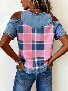 EMERY ROSE New Plaid Denim Effect Off-Shoulder Casual Sexy Versatile Regular Blouse For Women - Red - View 2