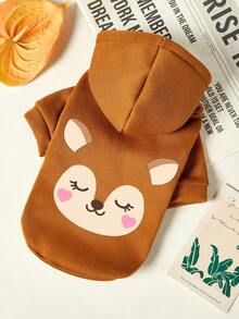 PETSIN 1件可爱狐狸印花宠物连帽卫衣，棕色，秋冬季加厚保暖宠物服装 - 棕色 - 查看 1