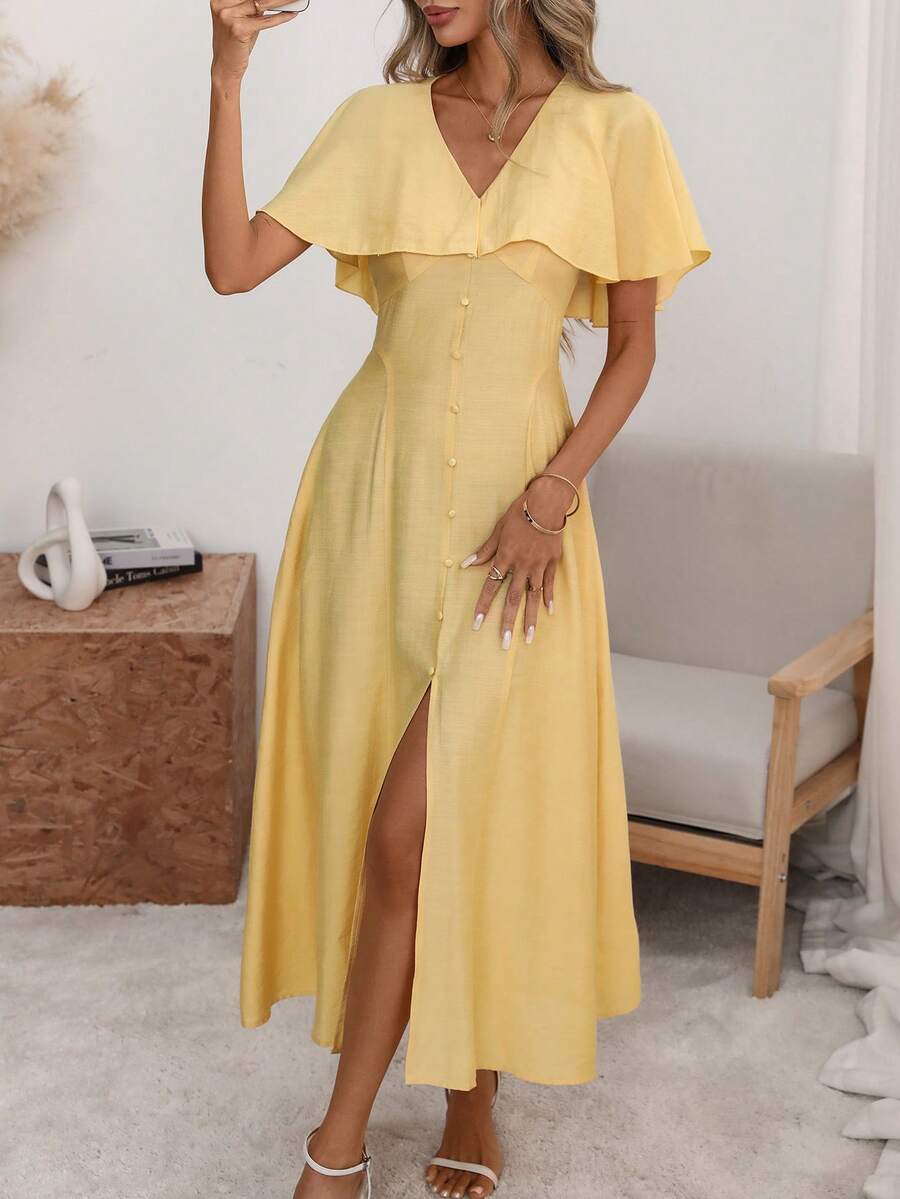 Wandoria Đầm maxi nữ thanh lịch, sang trọng, nhẹ nhàng, kiểu bohemian, thích hợp cho kỳ nghỉ/công sở, đi làm, màu trơn, cổ chữ V, tay bồng, eo chun, vạt xòe, xẻ tà trước, có túi cài nút trang trí, thích hợp cho mùa xuân/hè. - Màu vàng - Xem 1