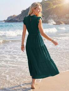 Sylviya Frill Trim Ruffle Hem Belted Dress,Vacation - Dark Green - View 2