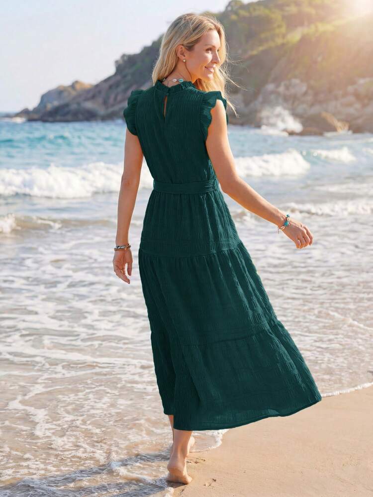 Frill Trim Ruffle Hem Belted Dress,Vacation