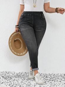 SHEIN CURVE+ 大码女式弹力腰带口袋修身休闲百搭牛仔裤，春夏情人节嘉年华服装通勤度假毕业时尚Y2K可爱街头风派对婚礼优雅商务休闲女式大码修身牛仔裤弹力腰带深色水洗牛仔裤，日常穿着舒适 - 黑色 - 查看 7