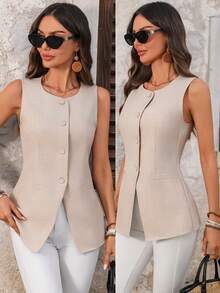 EMERY ROSE Women's Casual Sleeveless Thin Blazer, Summer - Khaki - View 3