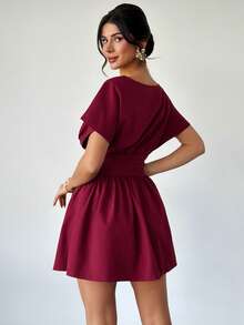 Firerie 女士优雅休闲简约通勤日常办公仿亚麻纯色收腰A字连衣裙 - 紅色 - 查看 3