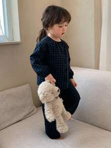 DAZY 女婴格子印花长袖衬衫和宽松长裤睡衣套装（2件套） - 藏蓝色 - 查看 5