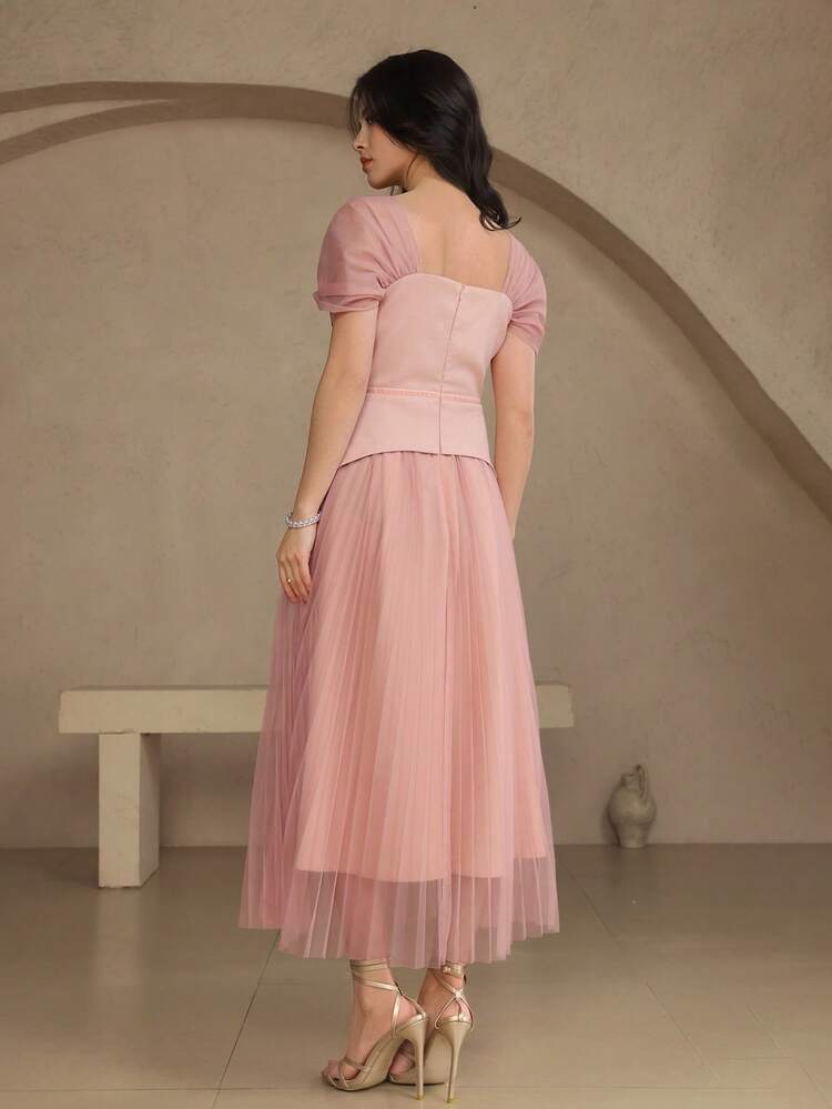 Women's Elegant Floral Patchwork Square Neck Pleated Long Dress, Summer Wedding Guest Dress Maxi Dress Sundress