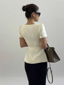 DAZY 女士泡泡袖收腰纯色方领纽扣短袖衬衫夏季 - 白色 - 查看 2