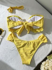 Swim Vcay Spring/Summer Solid Color Strap Jacquard Fabric Wireless Bow Decor Cute Beach Vacation Swimsuit Set
