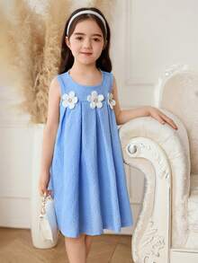 Girlhood Core Girls Blue Bow Decor Pleated Detail Fashion Minimalist Versatile Casual Outfit - Blue - View 5