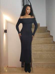 Yess Loren Women's Turn-Down Collar Off Shoulder Slim Fit Dress, Spring/Summer Y2k Elegant,Fall Clothes Long Sleeve Dress - Black - View 1