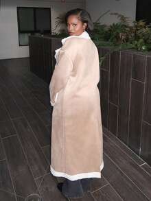 Tyla Gomez Women's Brown Plaid Plush Turn-Down Collar Double Breasted Coat In Fall/Winter - Khaki - View 2