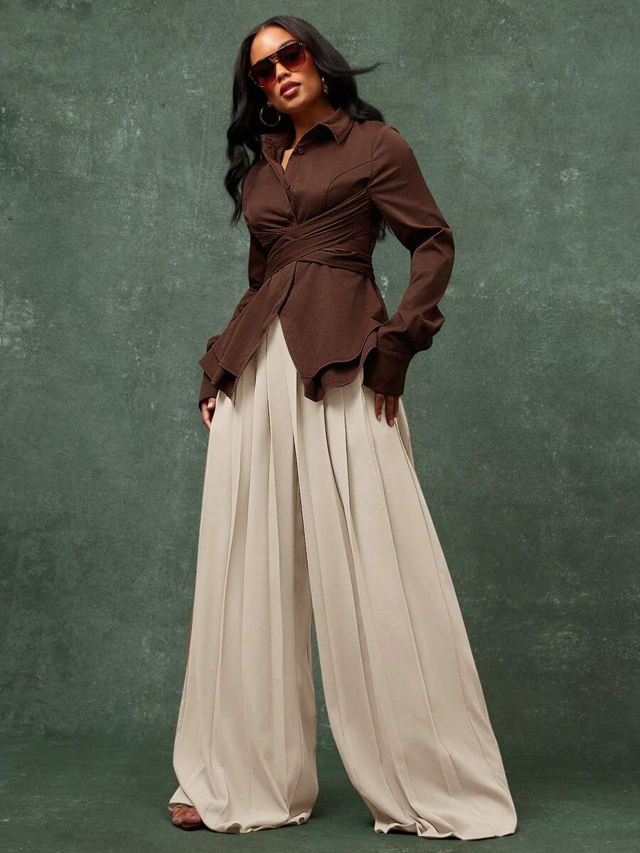Vixey High Waist Pleated Detail Wide Leg Elegant Pants - Apricot - View 1