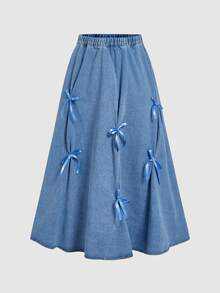 Sweetra Women's Casual Washed Denim Skirt With Bow Decor Blue Skirt Bow Skirt Bows Skirt Cotton Skirt - Blue - View 1