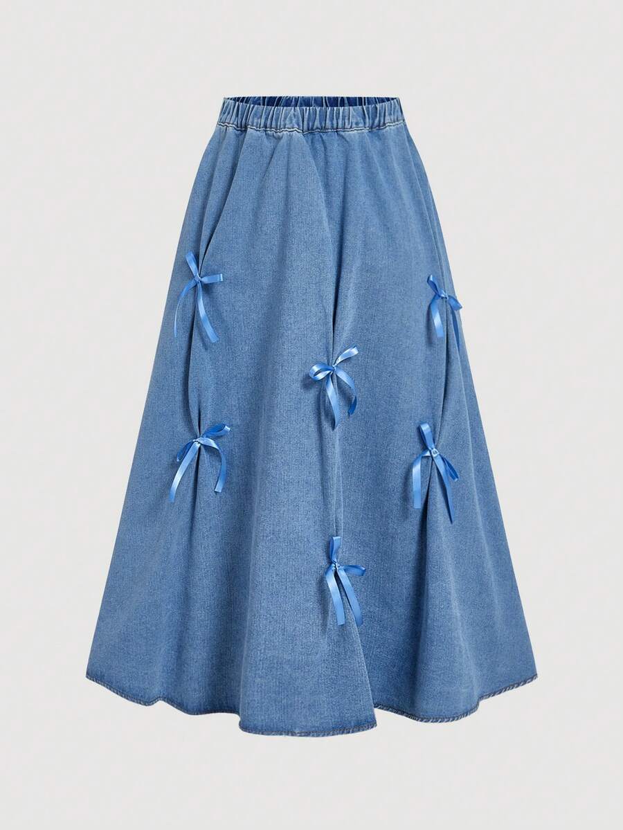 Sweetra Women's Casual Washed Denim Skirt With Bow Decor Blue Skirt Bow Skirt Bows Skirt Cotton Skirt - Blue - View 1