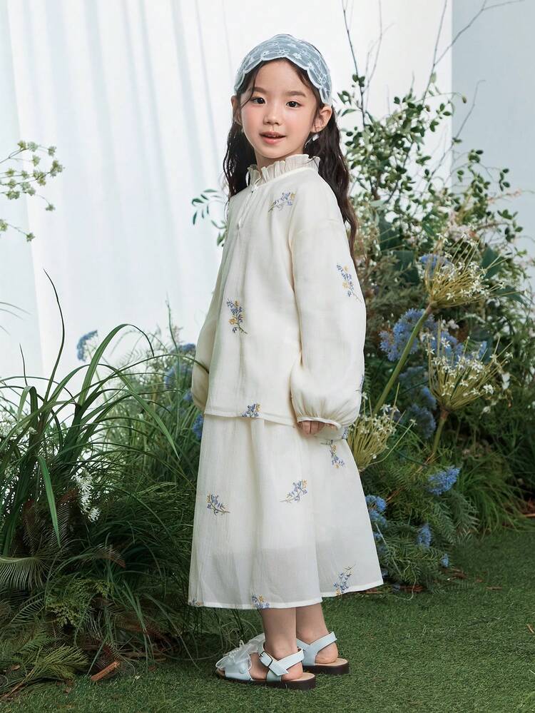 2pcs/Set Young Girls Floral Embroidery Korean Style Solid Color Long Sleeve Shirt And Mini Skirt