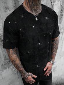 SLATEMANN Men's Shiny Casual Round Neck Short Sleeve T-Shirt Men Tee Shirts Rhinestone Mens Sparkly T-Shirt Star Shirt Mens Goth Tshirts Black Rhinestone T-Shirt Streetwear Men Y-Shirt Mens Drop Shoulder Tee Streetwear Men T-Shirt Rhinestone Clothes Men Distressed Tshirt - Black - View 4