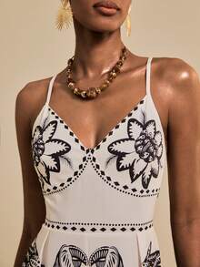 SHEIN Veneréa 女士夏季沙滩V领无袖吊带露背蝴蝶结波西米亚风印花连体裤，搭配阔腿裤 - 彩色 - 查看 7