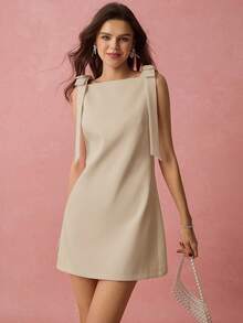 Enchnt Đầm ngắn nữ màu trơn cổ vuông không tay thiết kế tối giản - Màu Khaki - Xem 7