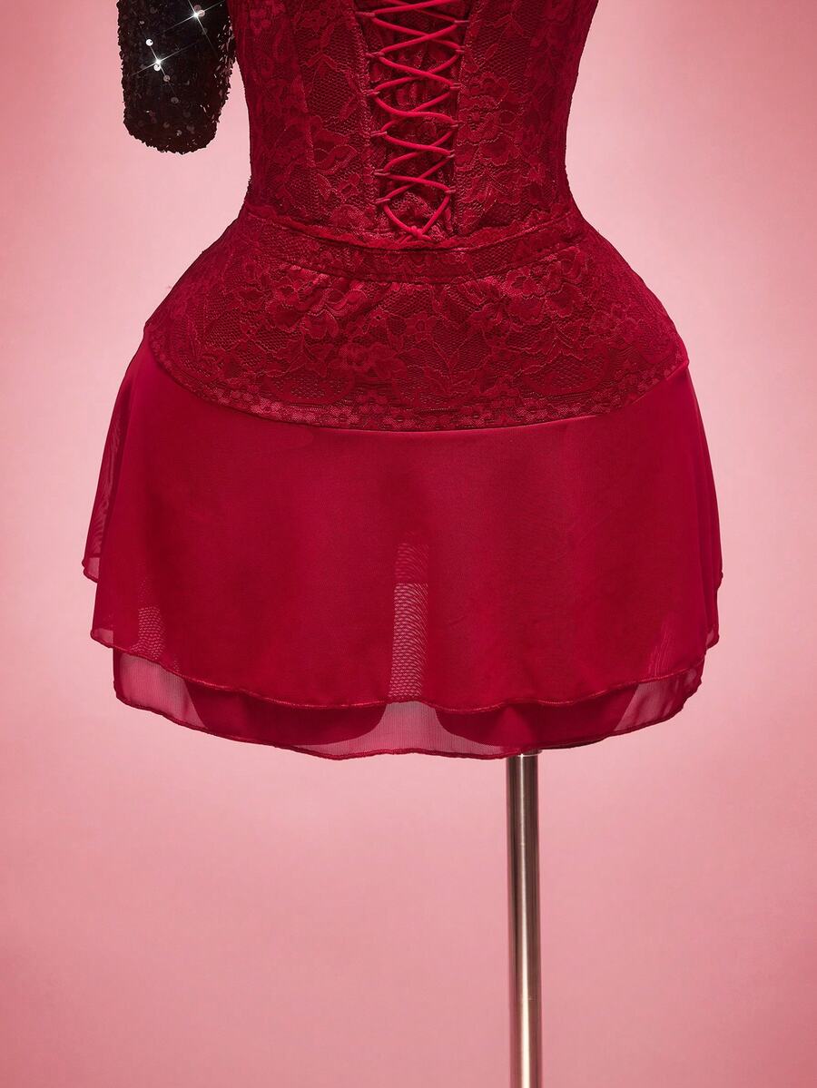 SHEIN ICON 大码女式蕾丝撞色网纱双层优雅派对半身裙，适合约会、情人节等场合 - 酒紅色 - 查看 1
