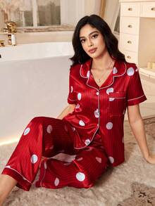Women's New Polka Dot & Striped Button-Front Short Sleeve Satin Pajama Set - Red - View 1