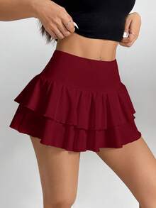 SHEIN PETITE Women's Double Layer Ruffle Hem A-Line Short Skirt Red Ruffle Skirt - Burgundy - View 7