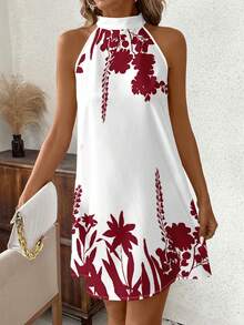 SHEIN Clasi Đầm cổ yếm in họa tiết cây cỏ dành cho nữ, thích hợp cho kỳ nghỉ. - Đỏ và trắng - Xem 4