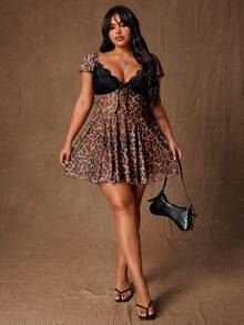 Rustia Elegant Sexy Lace Leopard Print Sheer Fitted A-Line Mini Dress, Cute Plus Size - Coffee Brown - View 6