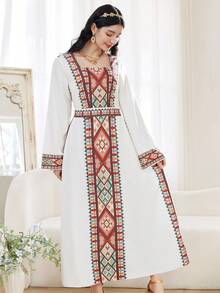 SHEIN Teen Girl Geometric Print Casual Party & Outing Flare Sleeve Dress - Apricot - View 4