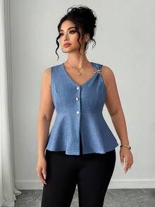 SHEIN PETITE CURVE Plus Size Women Elegant Sleeveless Blouse, Commuter Chic Top, Versatile For Work, Spring/Summer Summer Peplum Top Peplum Tops - Blue - View 7