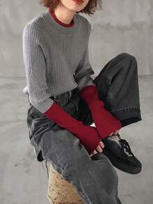 FRIFUL Áo len nữ cổ cao, tay dài, dáng rộng, phối màu tương phản, thích hợp mặc mùa thu. - Xám - Xem 6